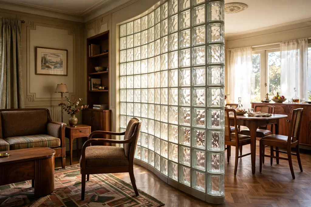 Curved glass brick partition between a 1930s living area and dining area.