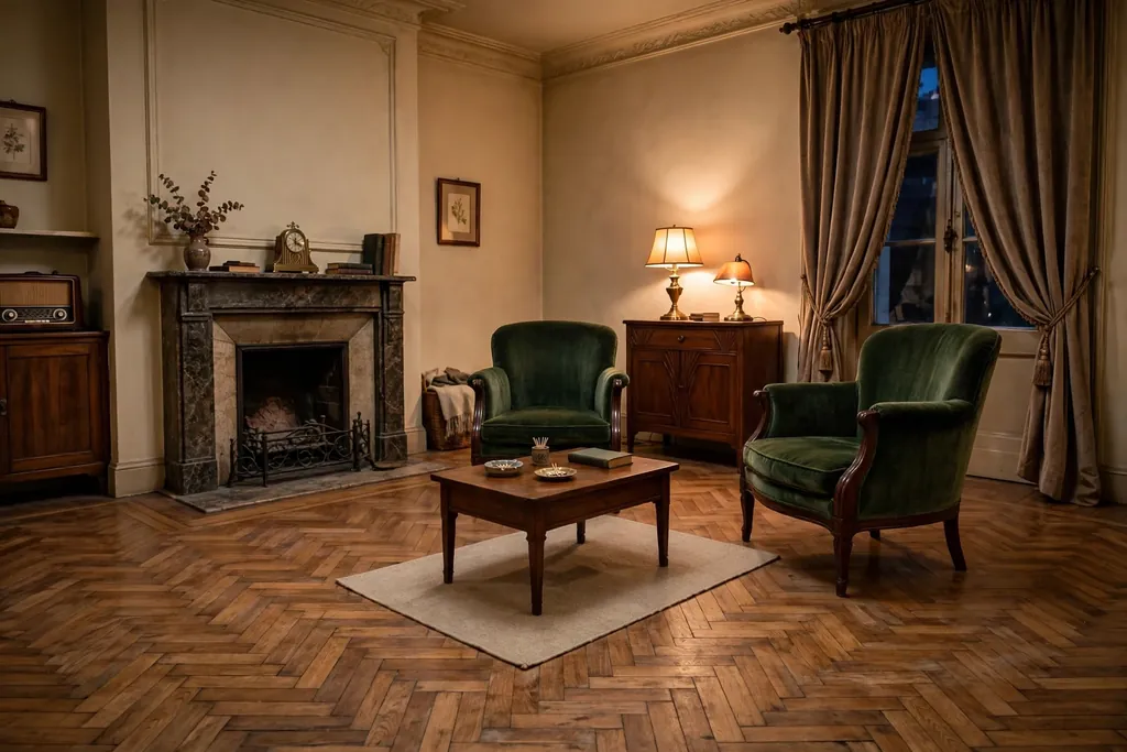 1930s living room with a herringbone parquet floor and a small rug under a coffee table.