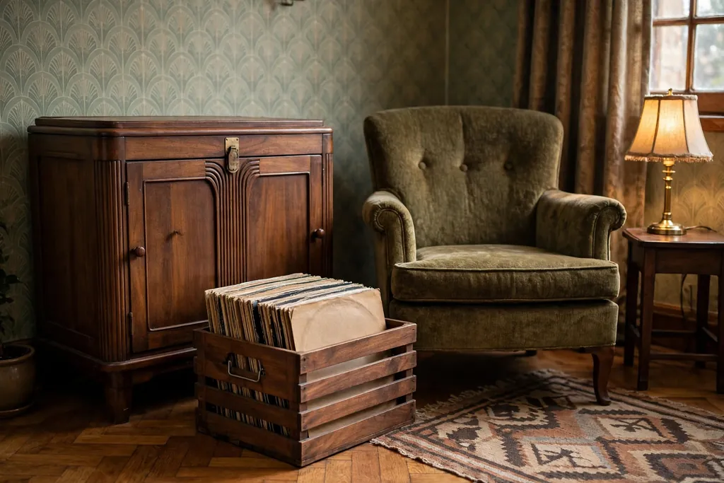 1930s listening corner with a record player cabinet, walnut record crate, and armchair.