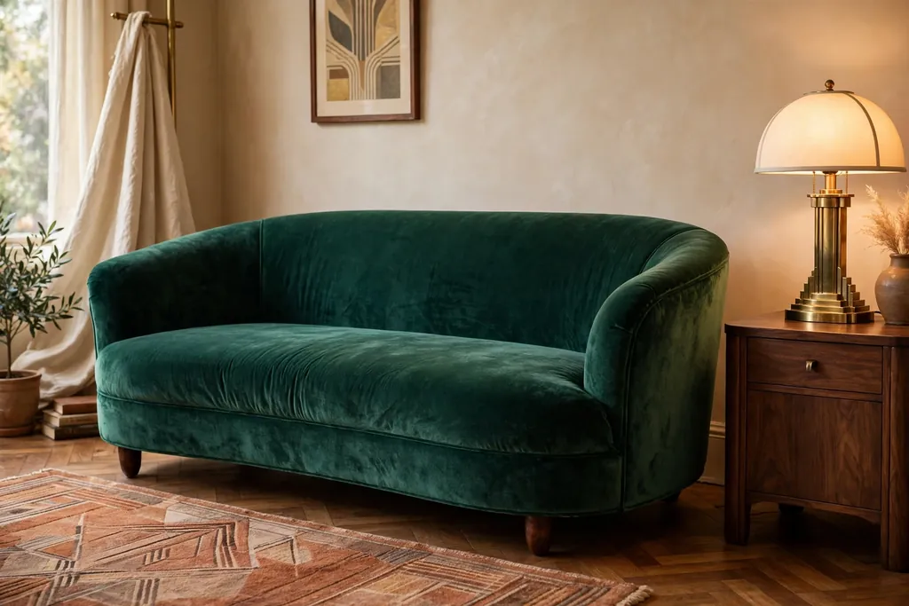 Low rounded 1930s sofa in deep emerald velvet beside a walnut side table.