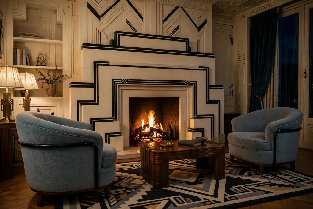 1930s living room with a stepped Art Deco fireplace surround and armchairs facing the fire.