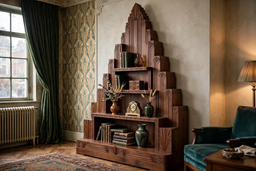 Stepped Art Deco shelves in walnut holding vases, books, and a small clock.