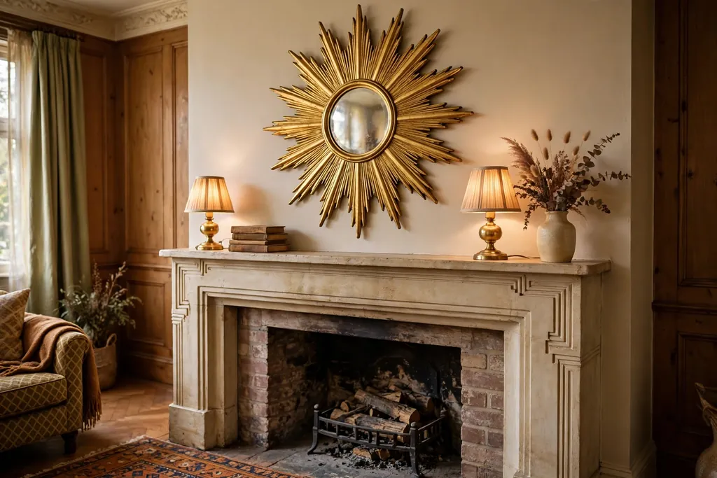 Gold sunburst mirror above a 1930s fireplace mantel.