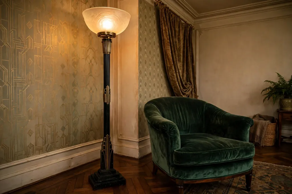 Torchiere floor lamp with a frosted glass shade glowing beside a 1930s armchair.