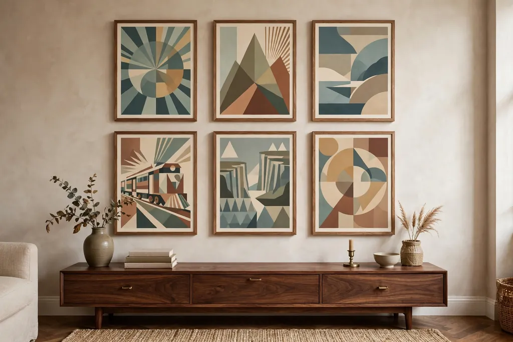 Gallery wall of framed 1930s travel posters above a walnut console.