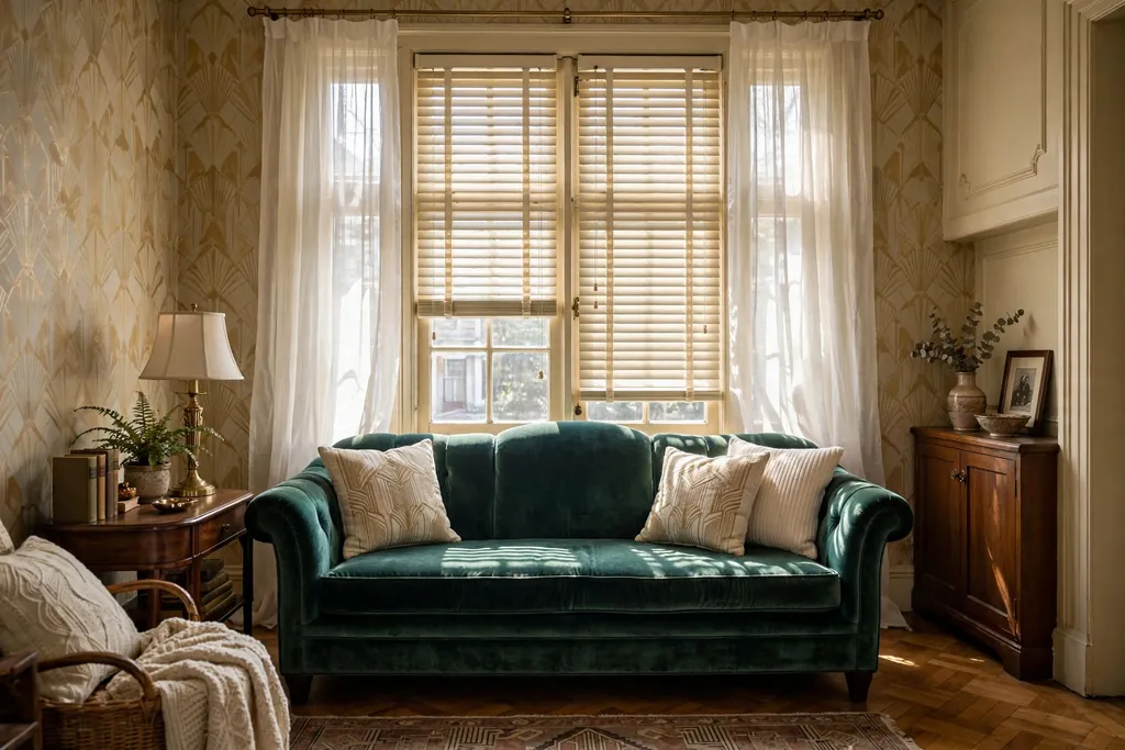 1930s living room window with cream venetian blinds and sheer side curtains.