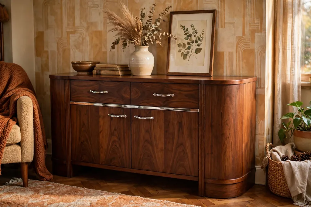 Walnut veneer sideboard with curved edges and chrome handles in a 1930s living room.