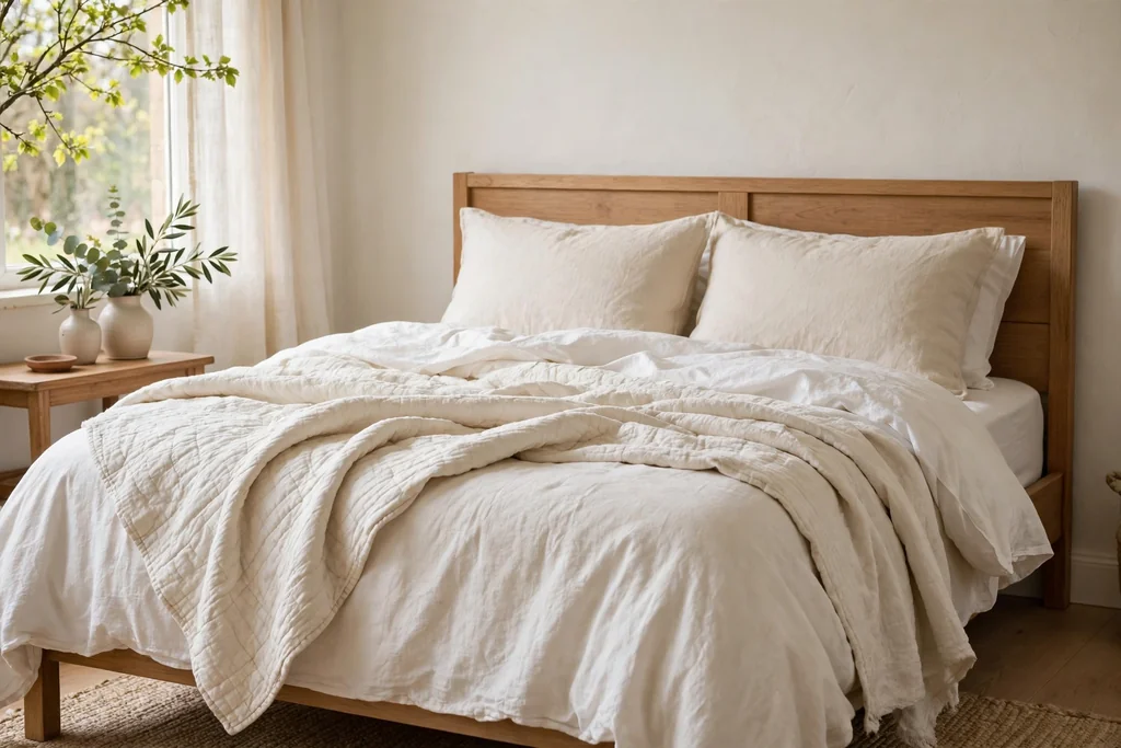 Bed dressed in light white and cream cotton and linen bedding in soft daylight.