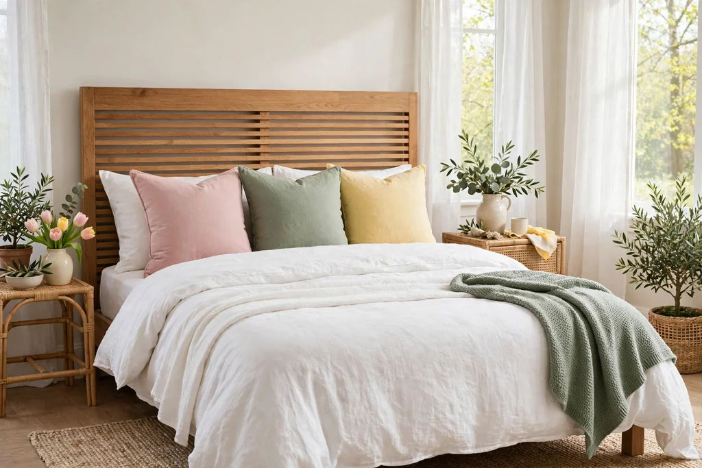 Bed with white bedding and pastel cushions in blush pink, sage green, and butter yellow.