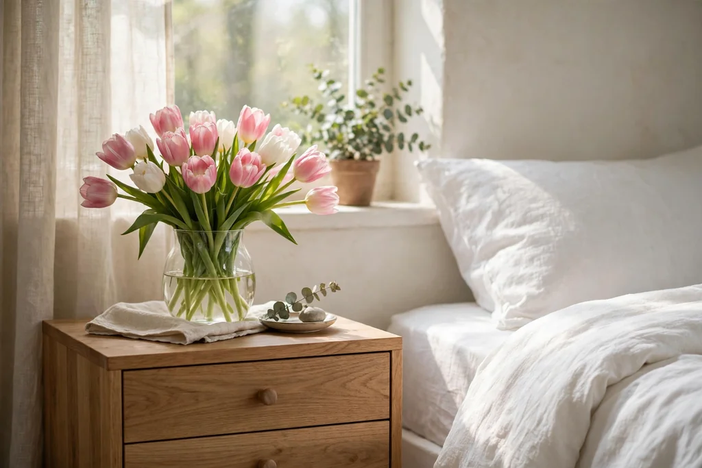 Glass vase of fresh pink and white tulips on a wooden bedside table beside a bed.