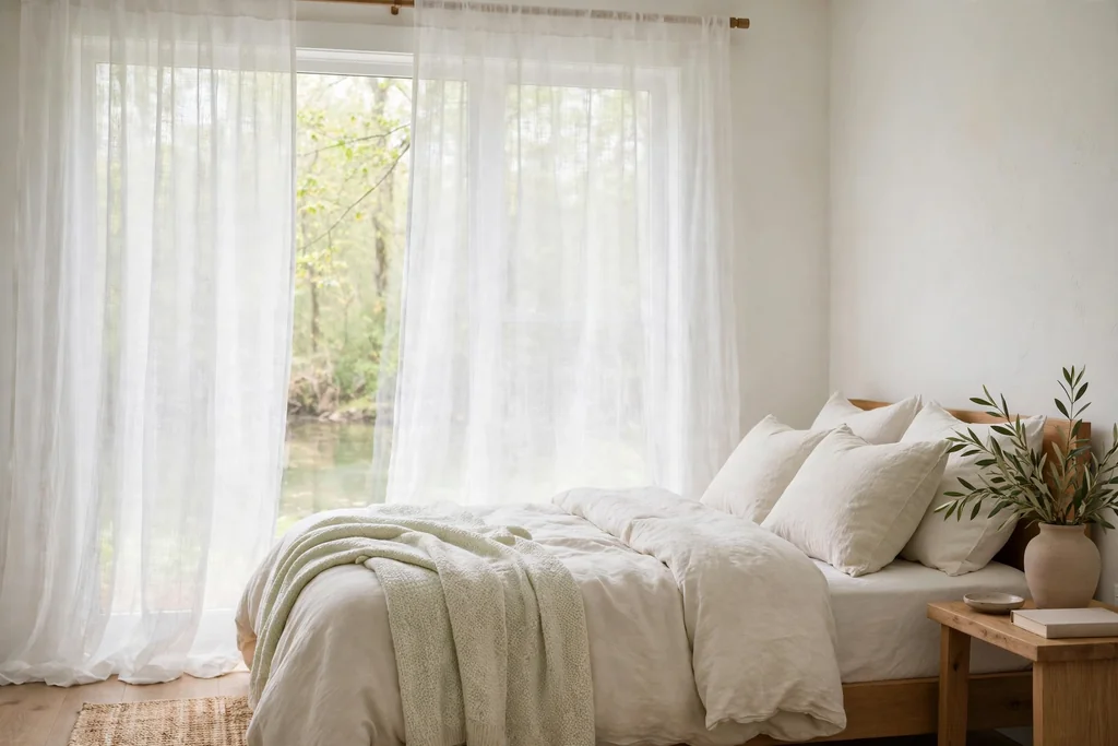 Bedroom window with sheer white linen curtains filtering soft spring daylight.