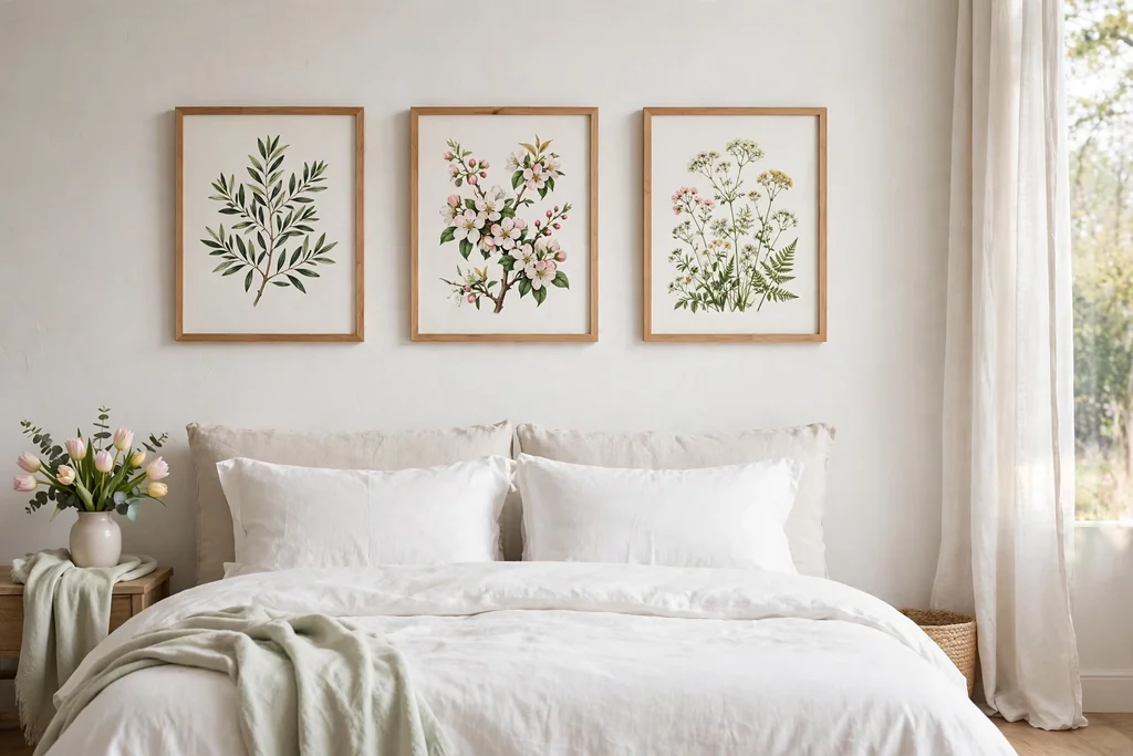 Bedroom wall with framed botanical leaf and flower prints above a bed.