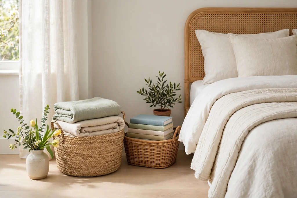 Tidy bedroom corner with woven seagrass and rattan baskets holding folded blankets.