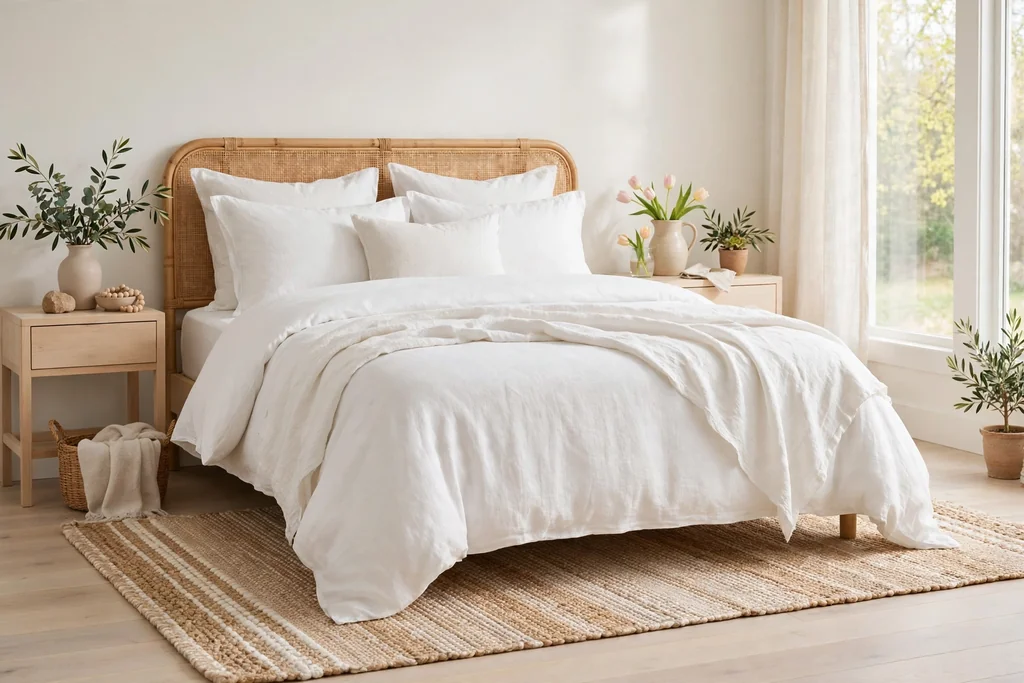Bright bedroom with a light natural jute rug under a bed with white bedding.