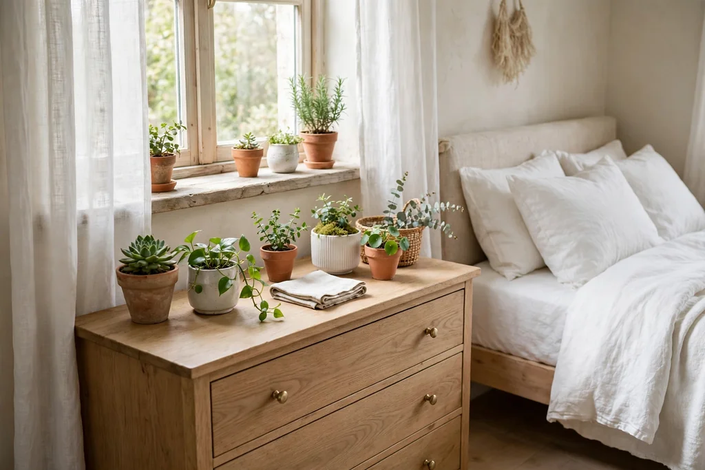 Bedroom windowsill and dresser with small potted green plants in terracotta and white pots.