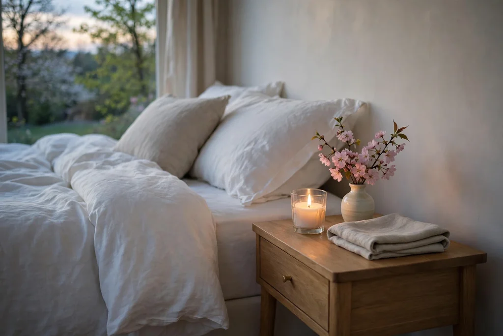 Bedside table with a candle in a glass holder, a small vase with a spring flower, and folded linen.