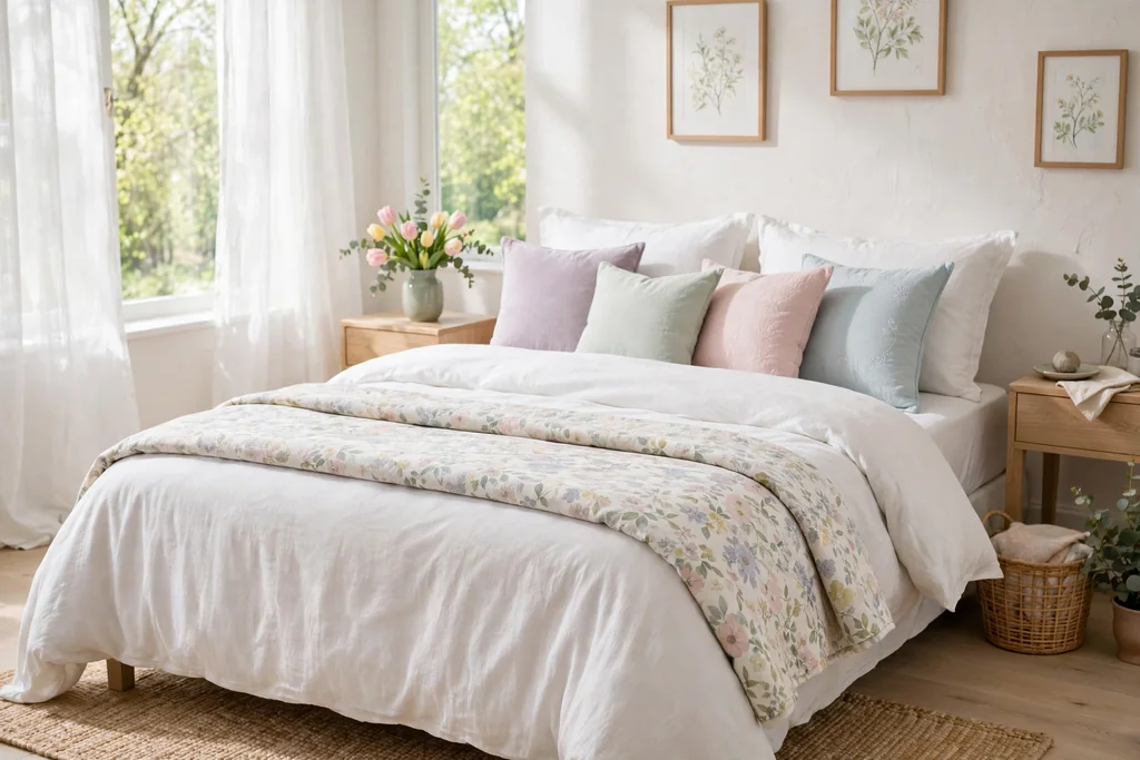 Bed with white bedding and a light floral throw folded across the foot of the bed.