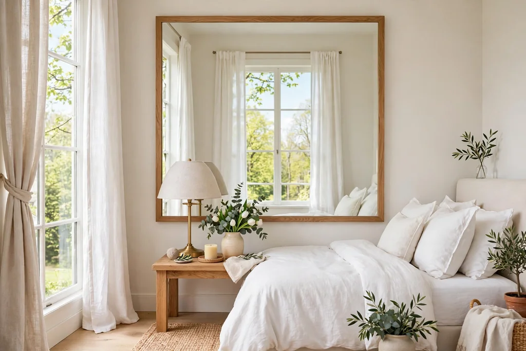 Bright bedroom with a large wall mirror reflecting daylight and a lamp with a pale linen shade.