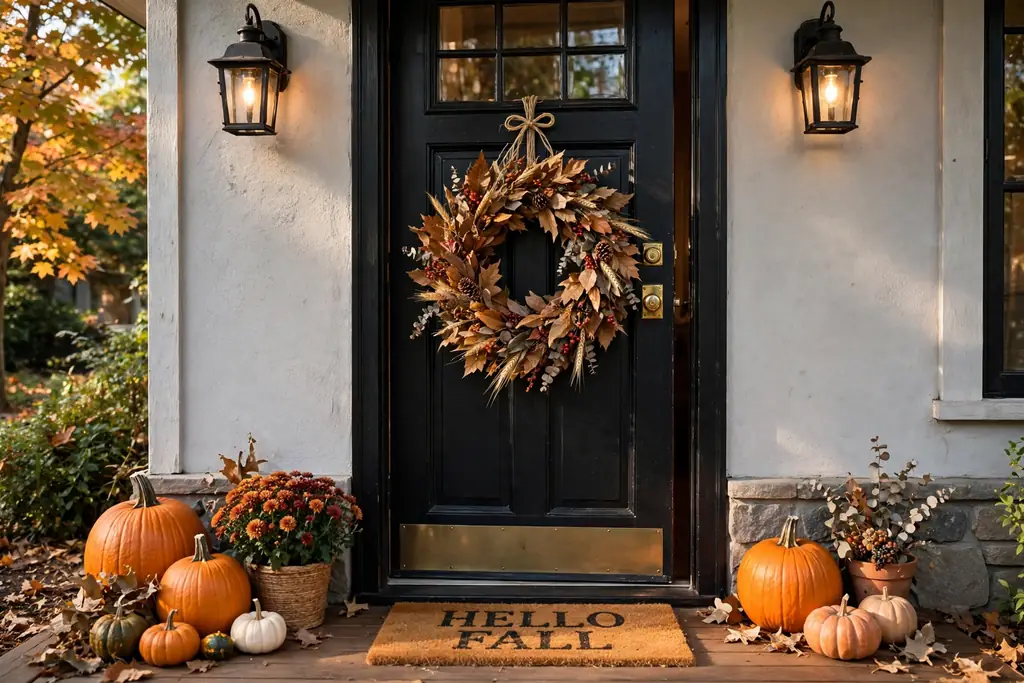 Front door with dried leaf and berry fall wreath