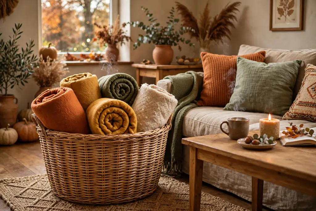 Woven basket of rolled blankets beside a sofa