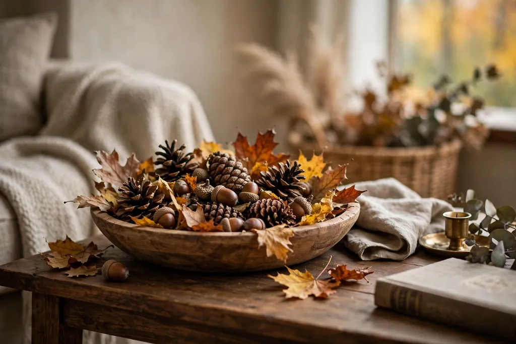 Bowl of pinecones and acorns on a side table
