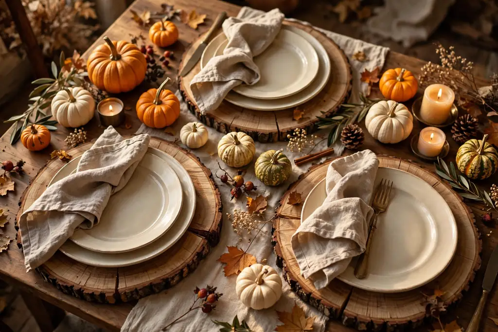 Fall table setting with wood slice chargers