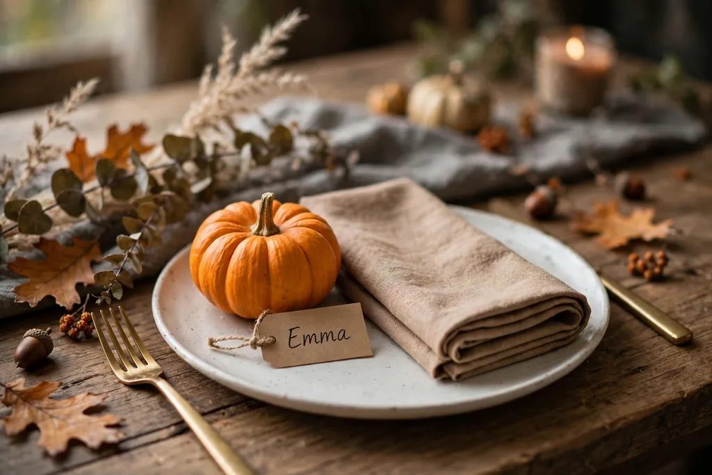 Mini pumpkin place setting on a fall table