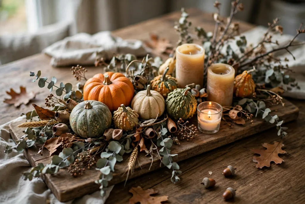Harvest centerpiece with gourds and eucalyptus