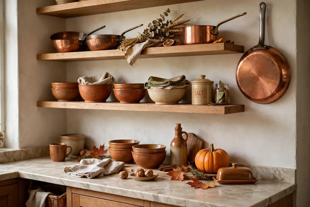 Open kitchen shelves styled with copper and ceramics