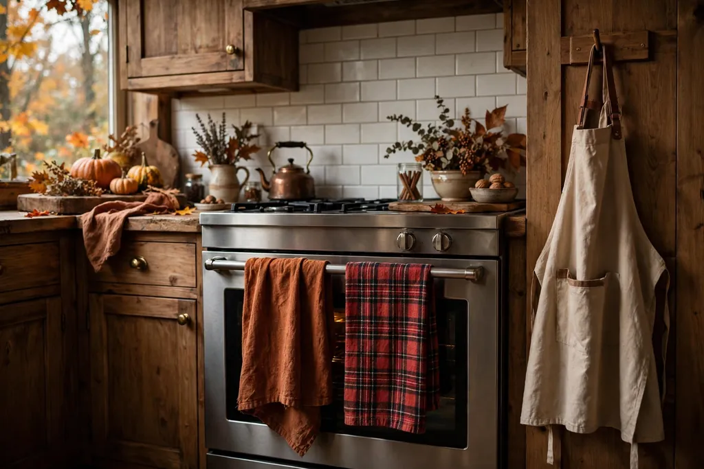 Kitchen with rust fall towels and apron on a hook