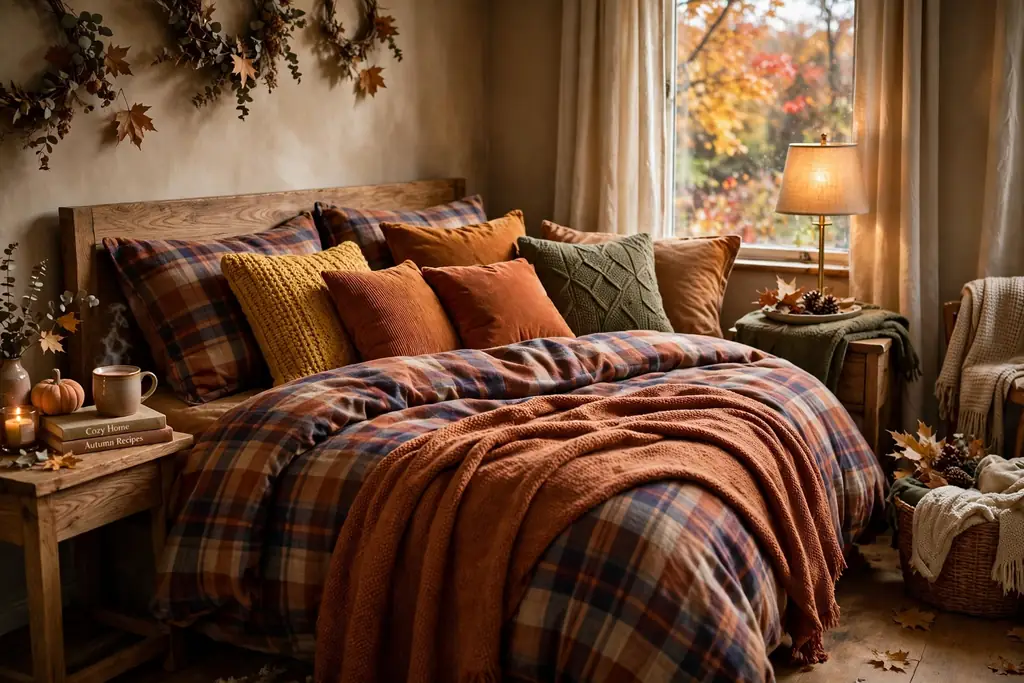 Bedroom with flannel bedding and rust fall throw
