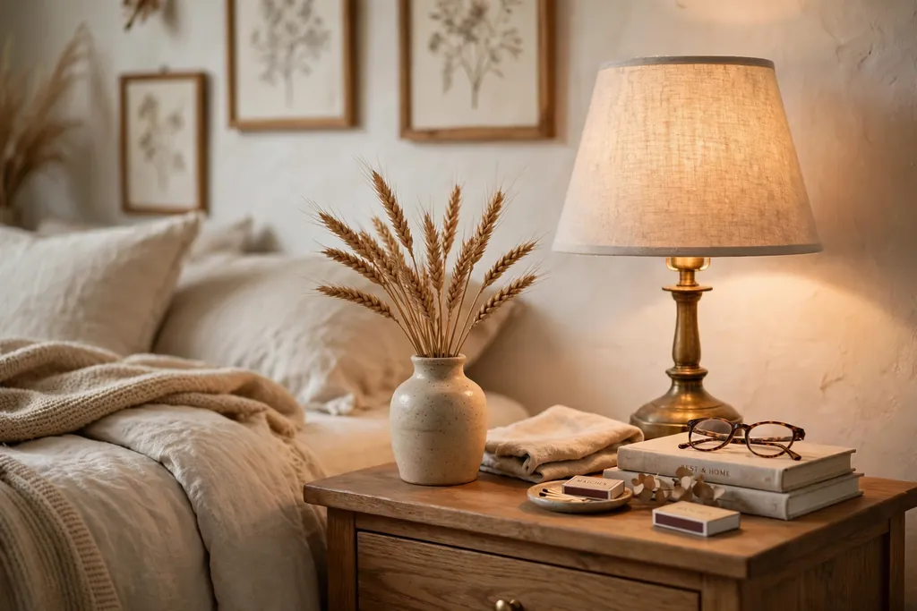 Bedside vase with dried wheat stems