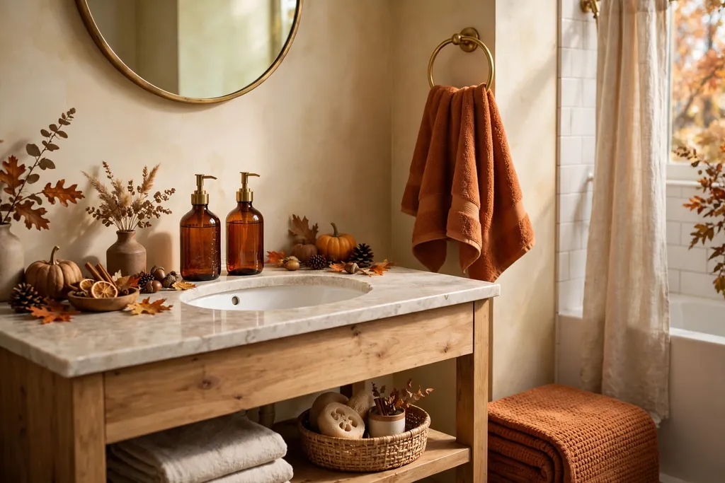 Bathroom with amber dispensers and rust towels