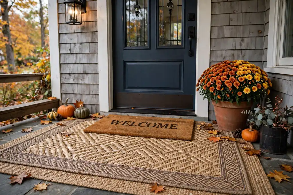 Layered doormat and woven rug at a home entry