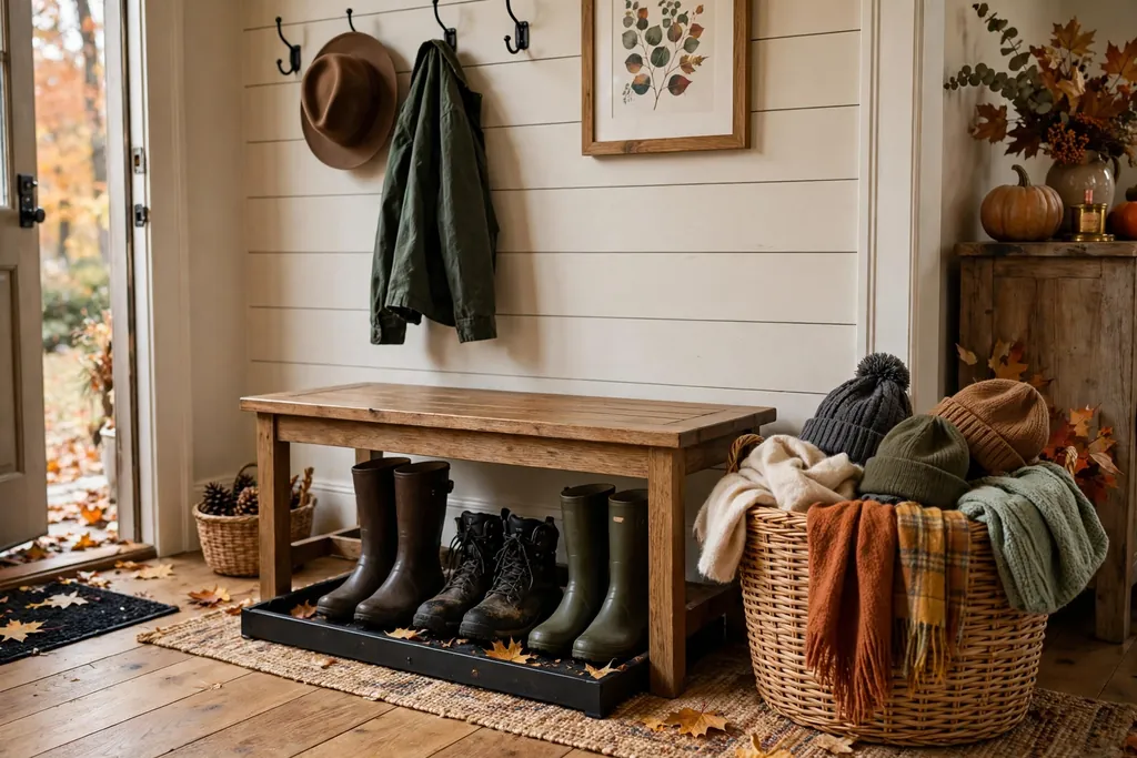 Entry bench with boot tray and woven basket