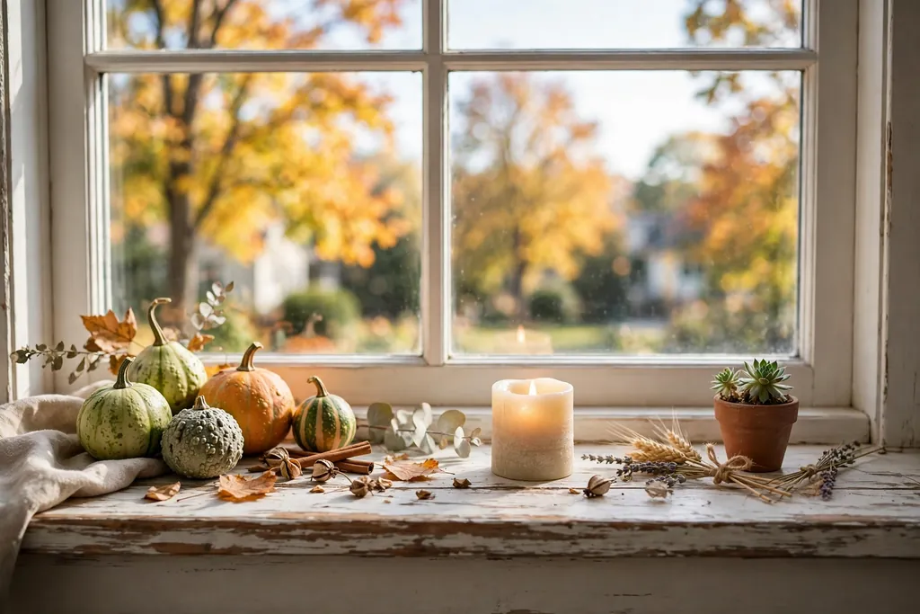 Window sill display of small gourds and candle