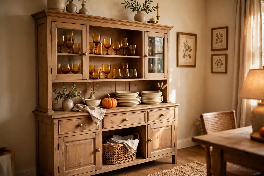 Dining hutch with amber glassware on display