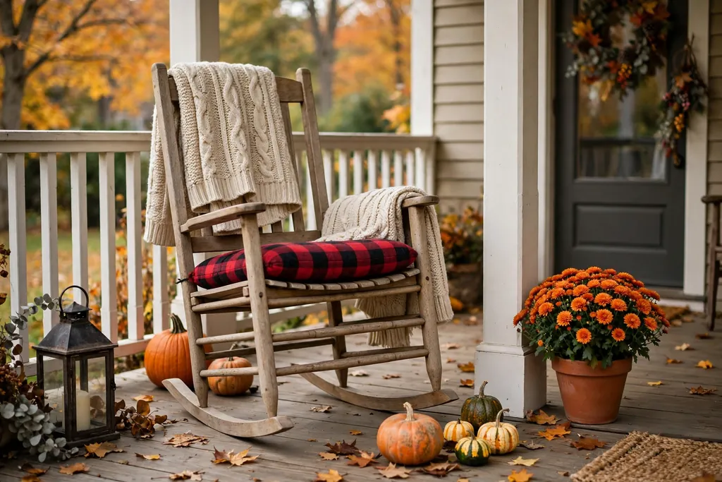 Porch rocking chair with plaid cushion and throw