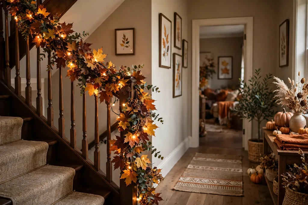 Stair rail with leaf garland and warm lights