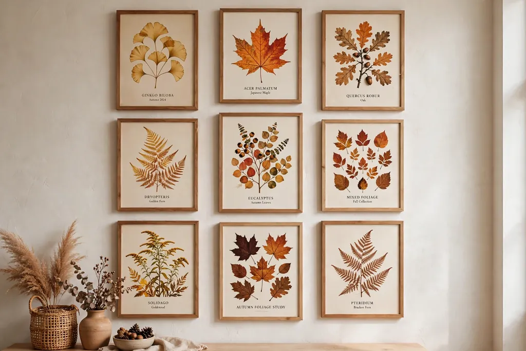 Gallery wall with botanical prints in autumn tones