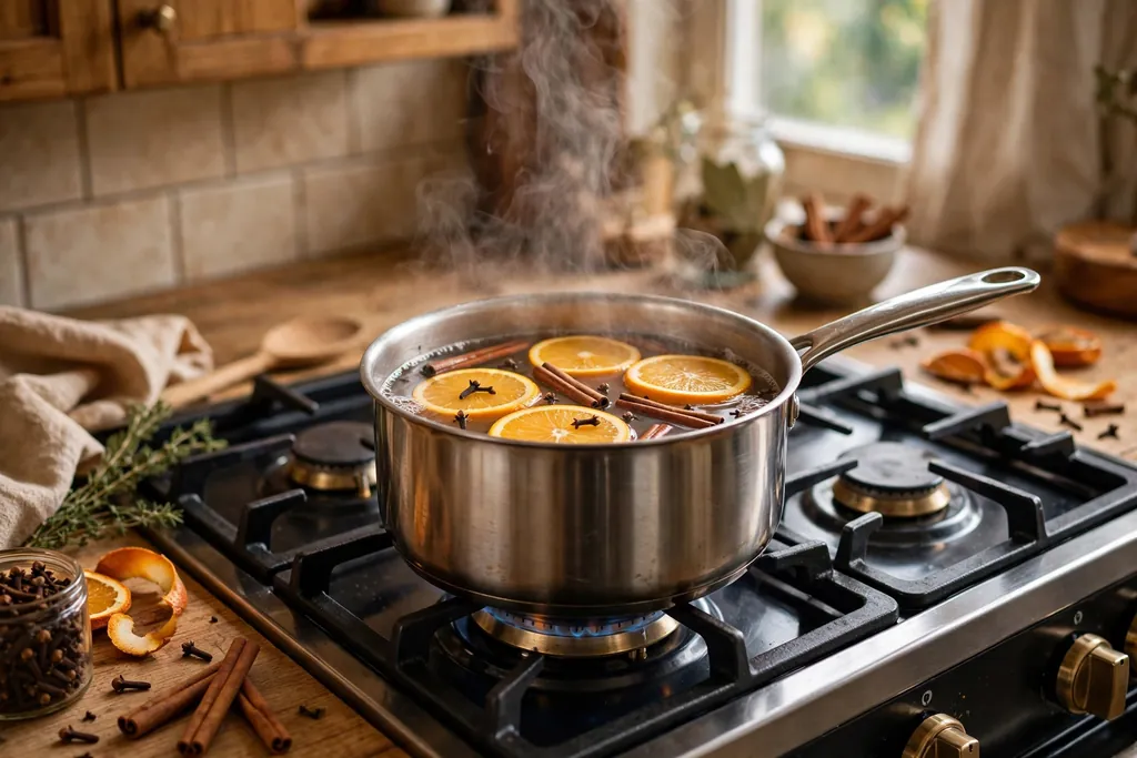 Stovetop simmer pot with orange slices and cinnamon