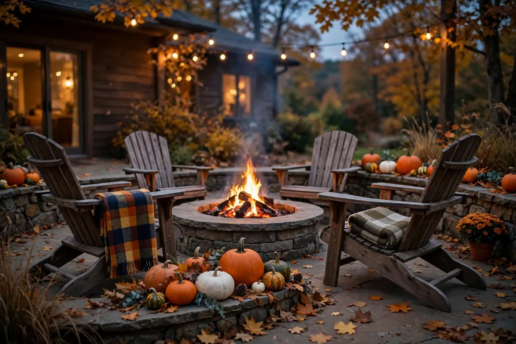 Outdoor fire pit seating with blankets and pumpkins