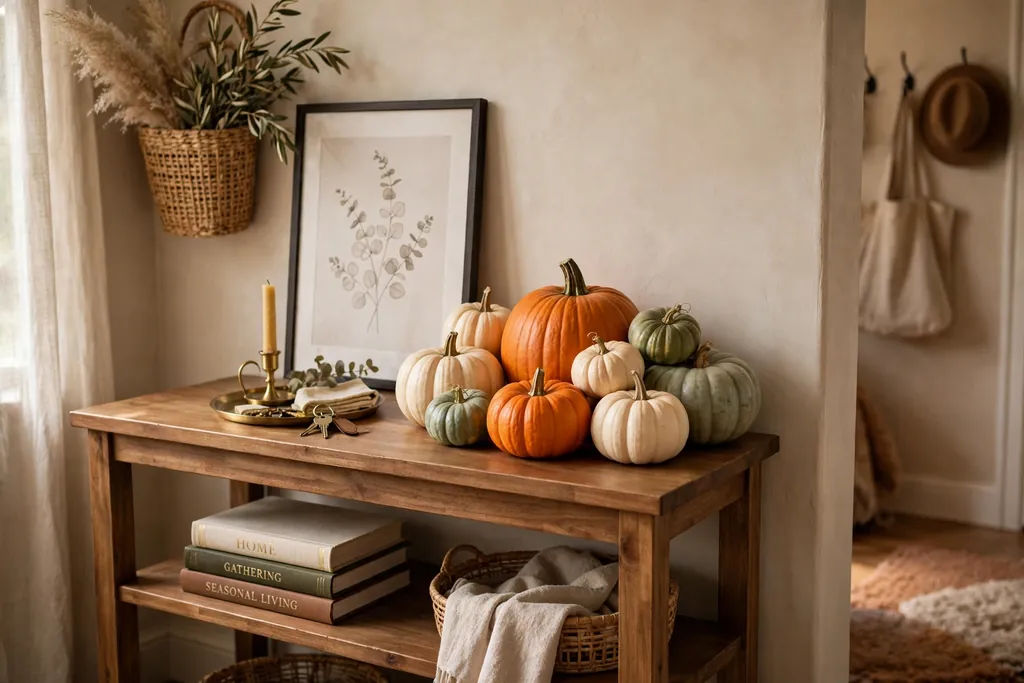 Cluster of pumpkins on an entry console table