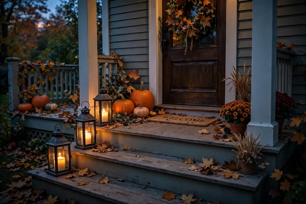 Lanterns with candles on porch steps in autumn evening