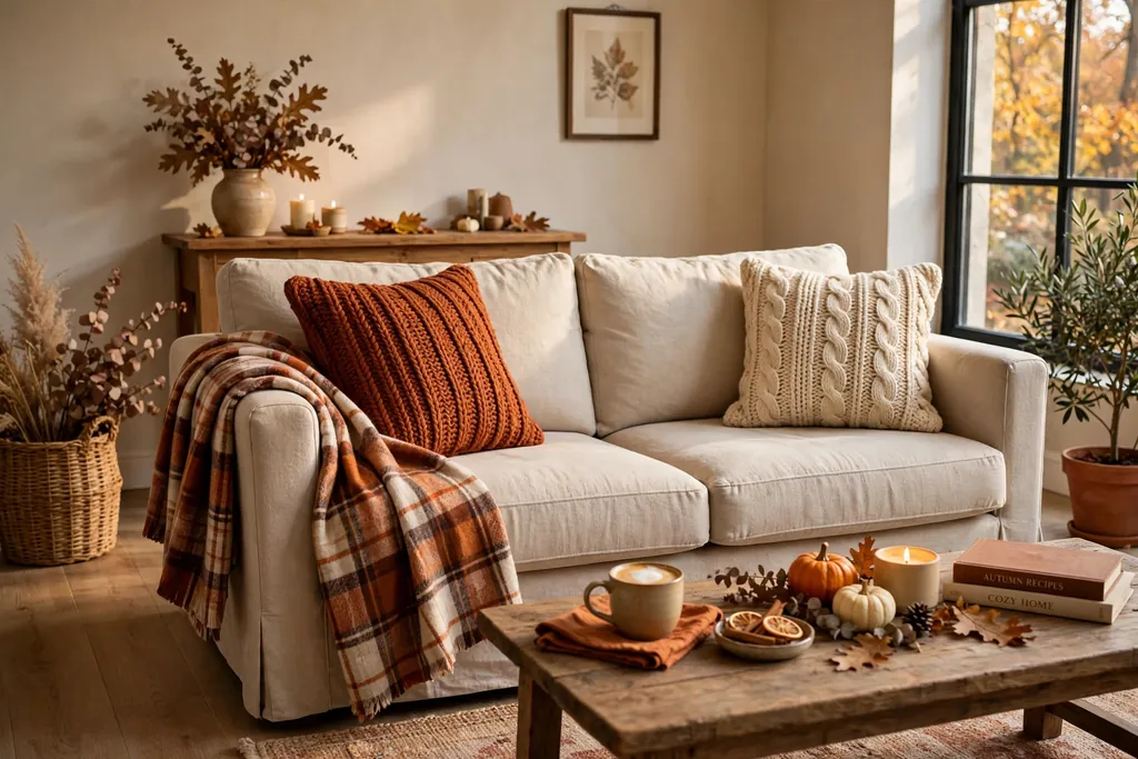 Sofa styled with plaid throw and knit fall cushions