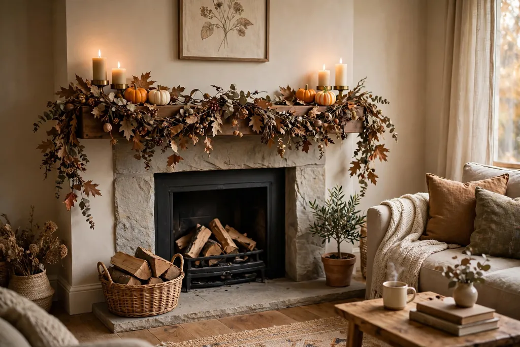 Fireplace mantel decorated with dried leaf garland