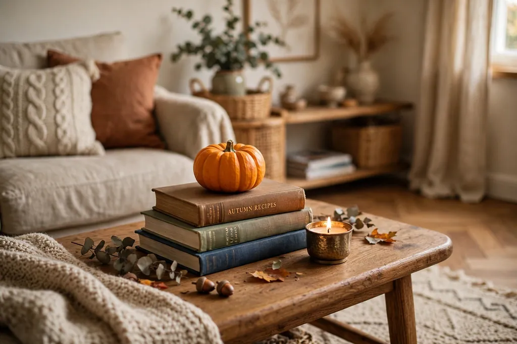 Coffee table with stacked books and mini pumpkin