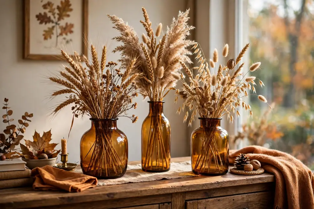 Amber glass vases filled with dried grasses