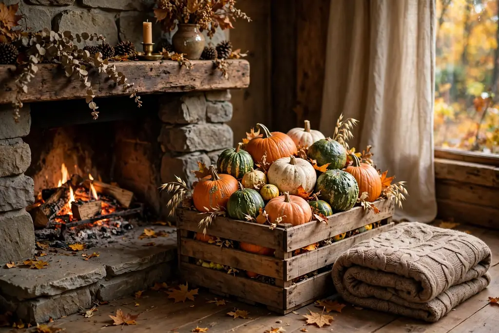 Wooden crate harvest display beside a fireplace