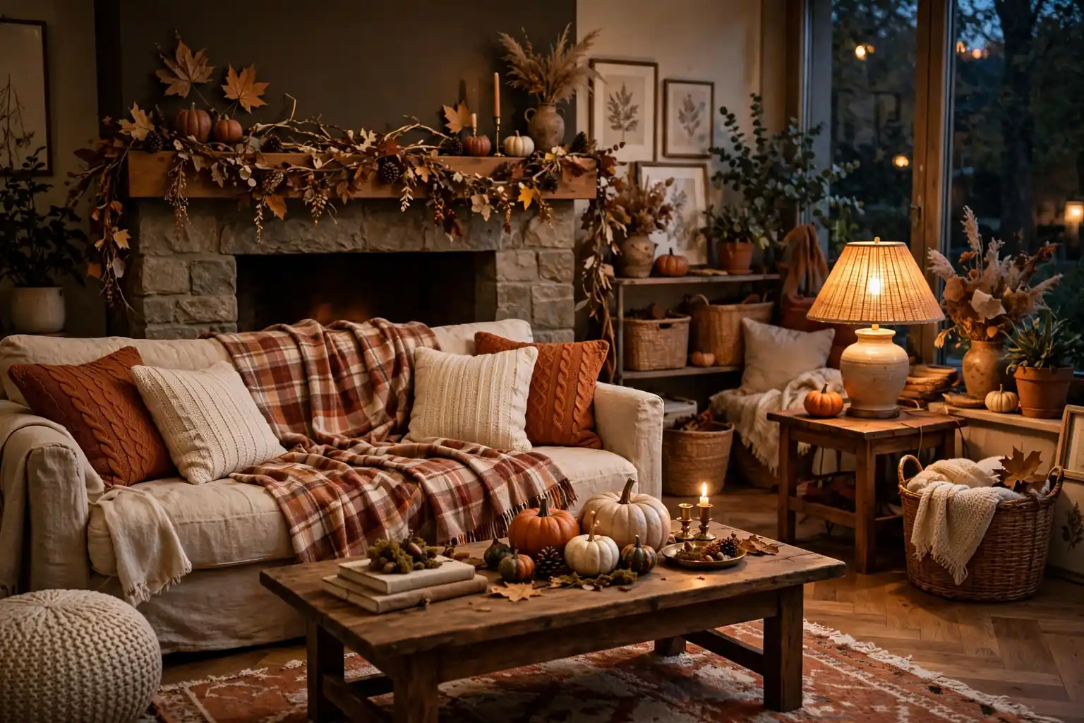 Cozy living room decorated for fall with plaid throw, leaf garland, and pumpkins